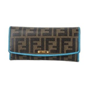Fendi Zucca FF Logo Continental Calfskin and Canvas Wallet tobacco turchese blue